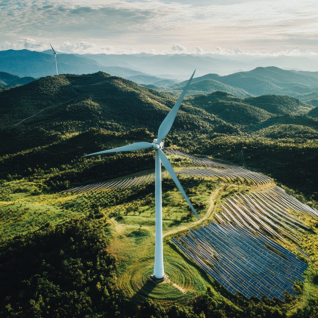 Aerial view wind turbines generating electricity mountains green energy concept