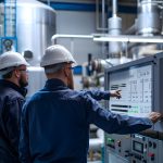 Technicians working at control panels in an industrial water treatment facility,managing the technological processes and systems for the purification and treatment of wastewater.